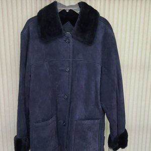 Dennis Basso Navy Blue Suede Leather Winter Coat Jacket. Size L